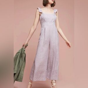 ANTHROPOLOGIE Elevenses Nantucket Ruffled Jumpsuit Striped Linen Size 12